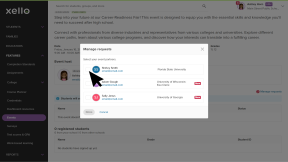 An event details page in an educator account in Xello. The Manage requests window is open. There are three requests awaiting approval. The cursor is checking one of the college partners to approve them.